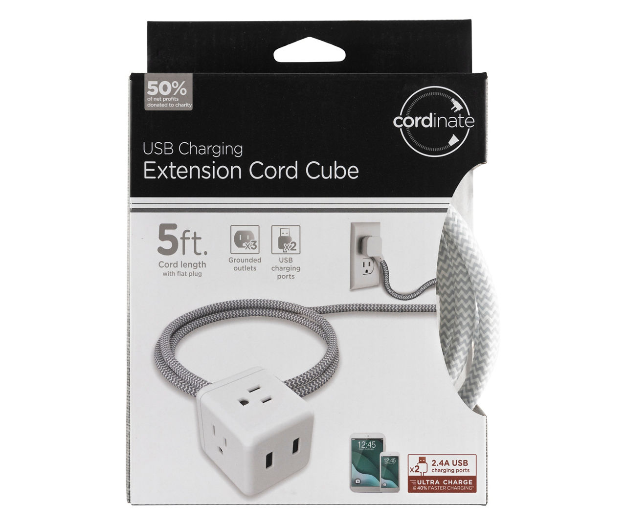 Gray 3Outlet USB Charging Extension Cord Cube, (5') Big Lots