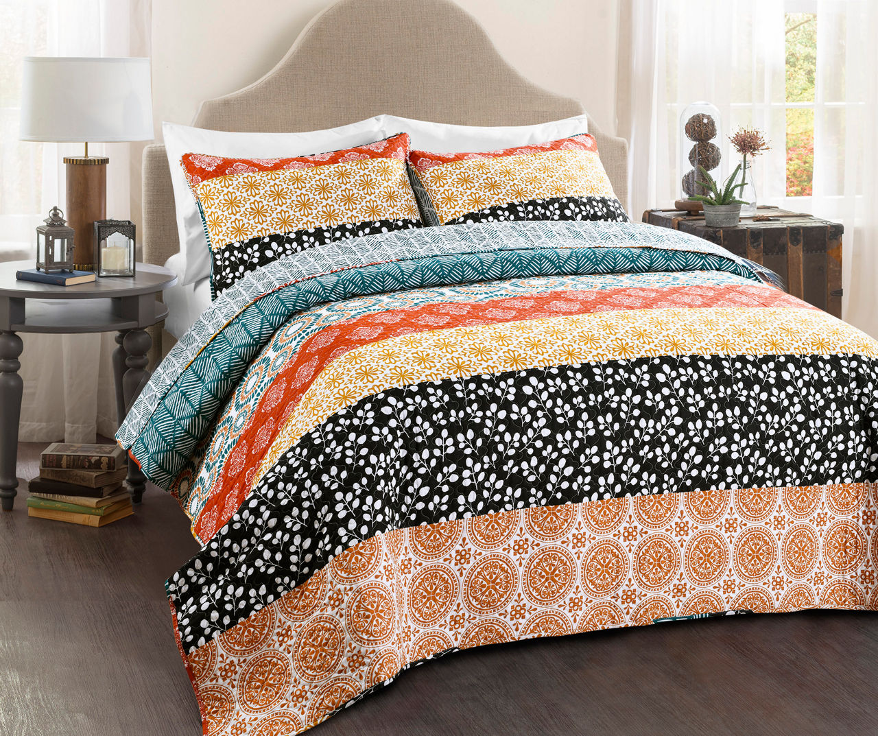 Turquoise & Orange Bohemian Pattern Stripe Full/Queen 3-Piece Quilt Set