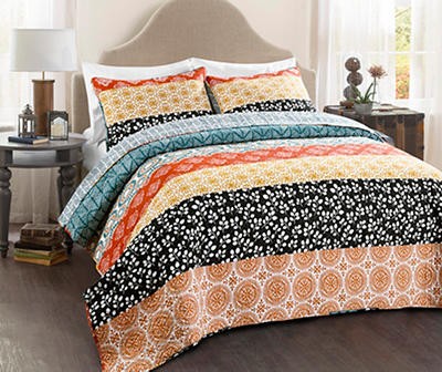 Turquoise & Orange Bohemian Pattern Stripe 3-Piece Quilt Set