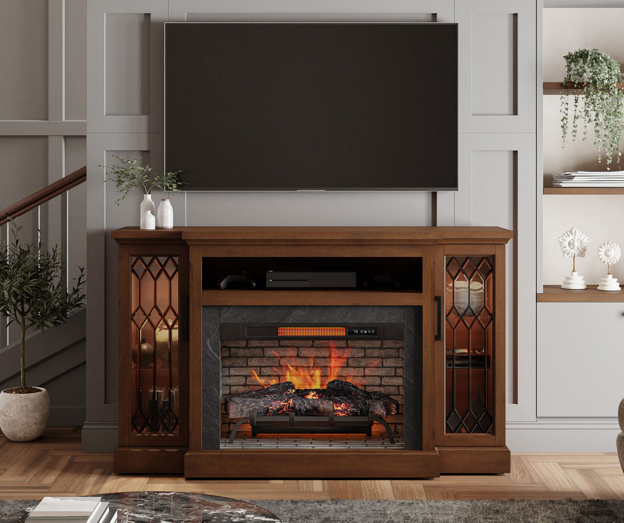 Cherry wood tv stand with deals fireplace