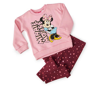 Disney Kids' Pink Minnie Mouse Fleece Sweatshirt & Burgundy Heart Leggings