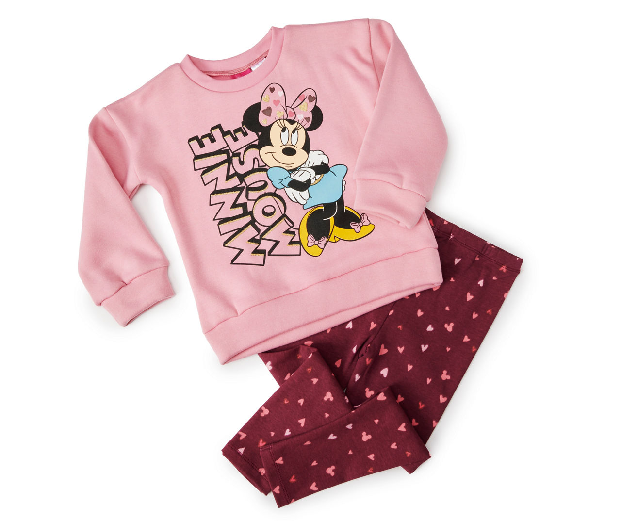 Toddler Size 4T Pink Minnie Mouse Fleece Sweatshirt & Burgundy Heart Leggings