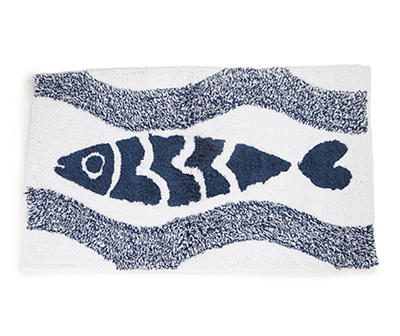 Grecian Getaway Navy & White Ink Stripe Fish Bath Rug