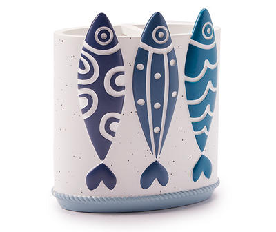 Grecian Getaway White & Blue Ink Stripe Fish Toothbrush Holder