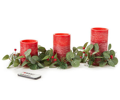 Red 3-Piece LED Pillar Candle Set With Greenery Rings