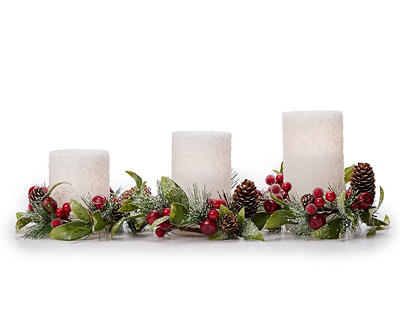 White Flocked 3-Piece LED Pillar Candle Set With Greenery Rings