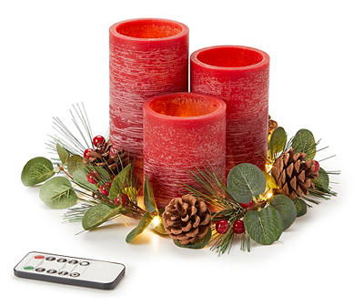 Red 3-Candle LED Pillar Centerpiece With Greenery Ring