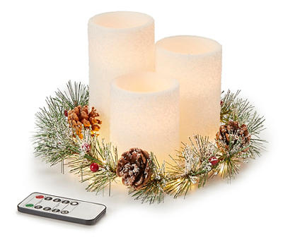 White Flocked 3-Candle LED Pillar Centerpiece With Pine Ring