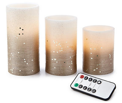 Taupe & Cream Glitter Ombre Textured 3-Piece LED Pillar Candle Set