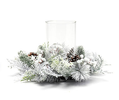 Glass Hurricane With White & Green Snow-Dusted Pine Ring