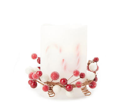 White & Red Candy Cane LED Pillar Candle With Berry Ring, (4