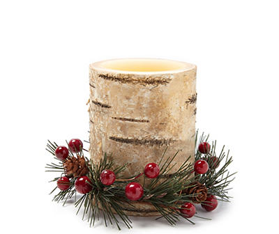 Beige Birch LED Pillar Candle With Pine & Berry Ring