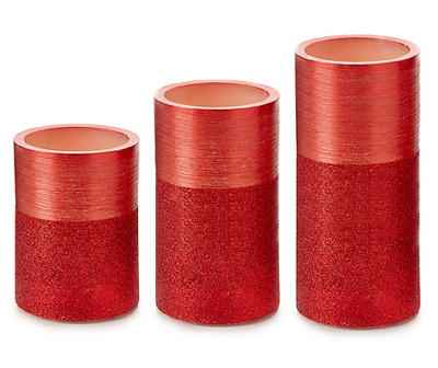 Red Glitter-Accent 3-Piece LED Pillar Candle Set