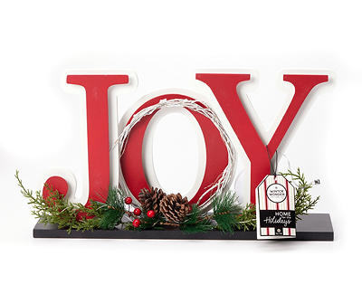 "Joy" Red & Black Greenery LED Tabletop Plaque