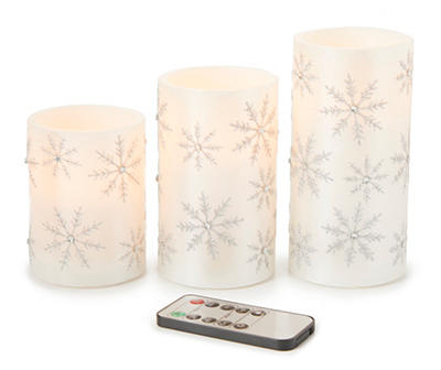 Ivory & Silver Glitter Snowflake 3-Piece LED Pillar Candle Set