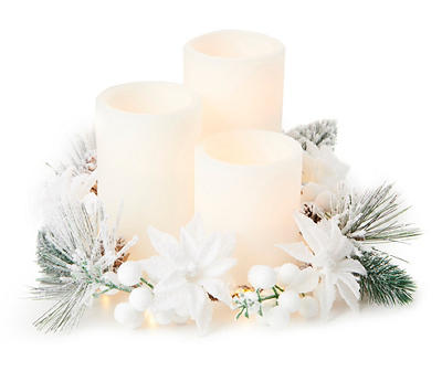 White & Green 3-Pillar LED Centerpiece With Greenery Ring