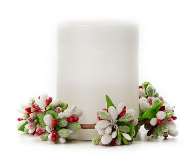White LED Pillar Candle With Red & Green Berry Ring, (4")