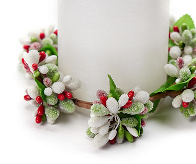 White LED Pillar Candle With Red & Green Berry Ring, (4")