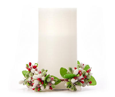 White LED Pillar Candle With Red & Green Berry Ring, (6