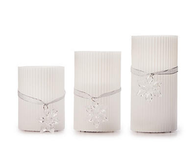 White Snowflake Charm-Accent Rib 3-Piece LED Pillar Candle Set
