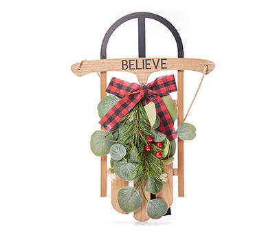 "Believe" Brown & Green Bow-Accent Greenery Sled Wall Plaque