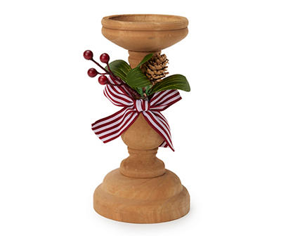 Brown Ribbon-Accent Pillar Candle Holder With Greenery, (8")