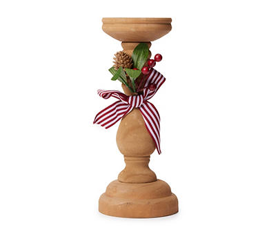 Brown Ribbon-Accent Pillar Candle Holder With Greenery, (10")