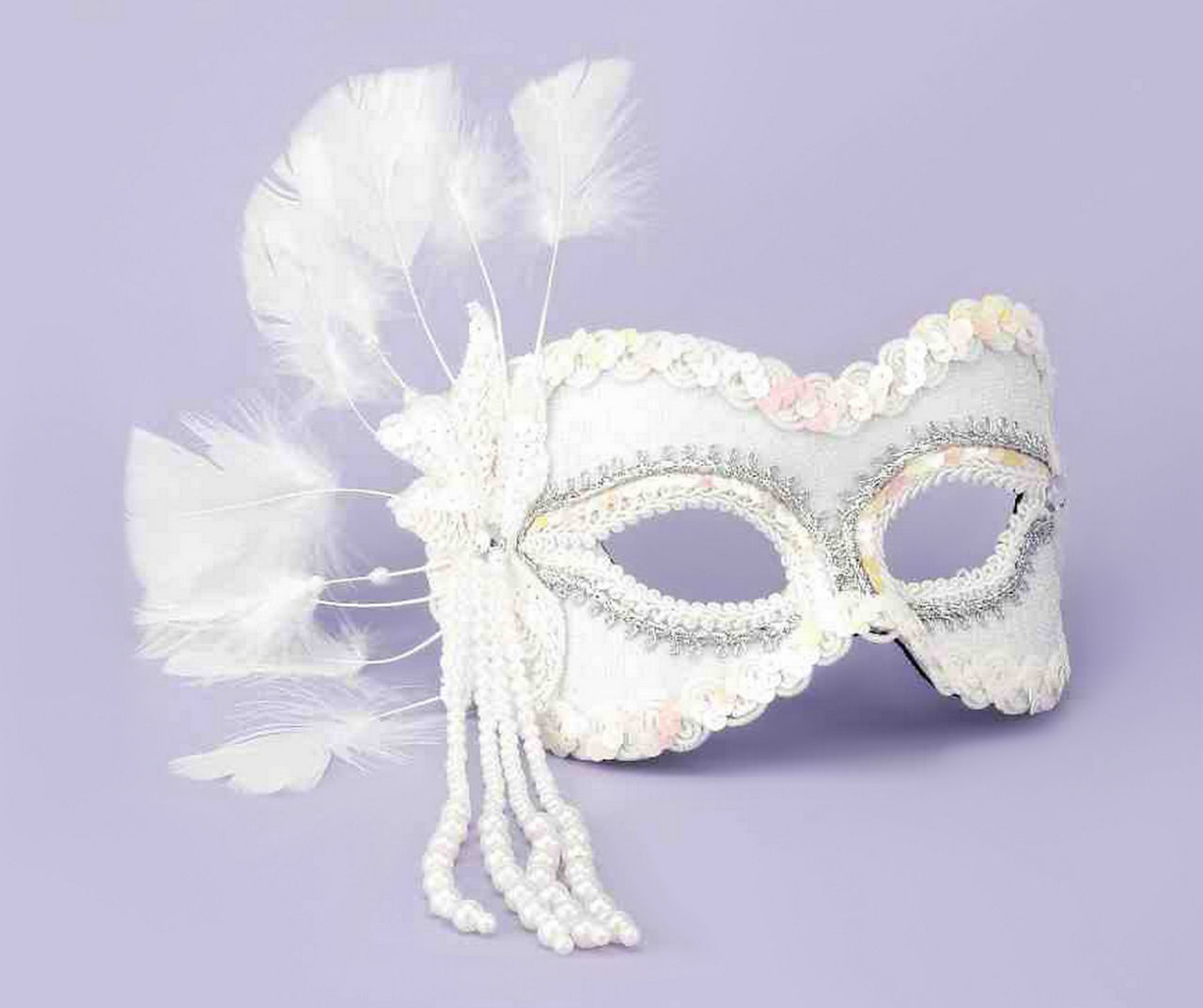 Rubies White Bead & Feather Masquerade Costume Mask