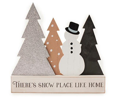 "Snow Place Like Home" White & Silver Glitter Trees Snowman Tabletop Plaque