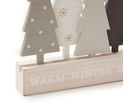 "Warm Winter Wishes" Beige & Silver Glitter Trees Tabletop Plaque