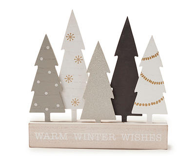 "Warm Winter Wishes" Beige & Silver Glitter Trees Tabletop Plaque