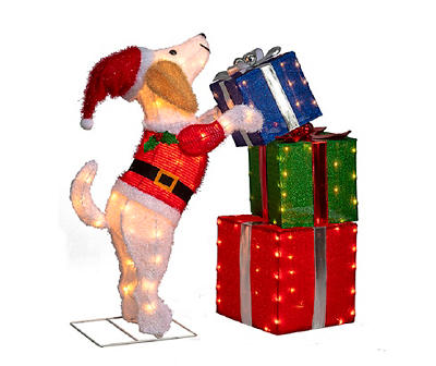 35" Light-Up Dog & Gift Box Stack
