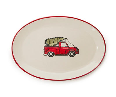 White & Red Festive Truck Oval Serving Plate