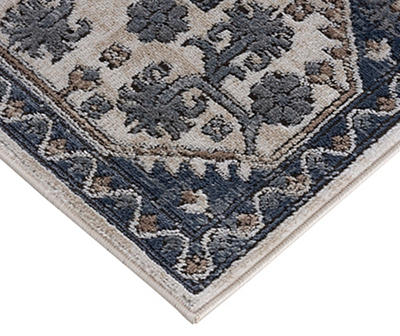 Hanford Blue & Cream Floral Tiled Border Runner Rug, (2.5' x 7')