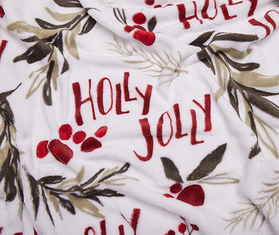 "Holly Jolly" White & Red Holly Fleece Throw, (50" x 60")