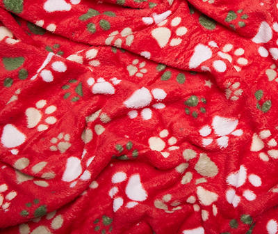 Red & Green Holiday Paw Print Fleece Throw, (50" x 60")