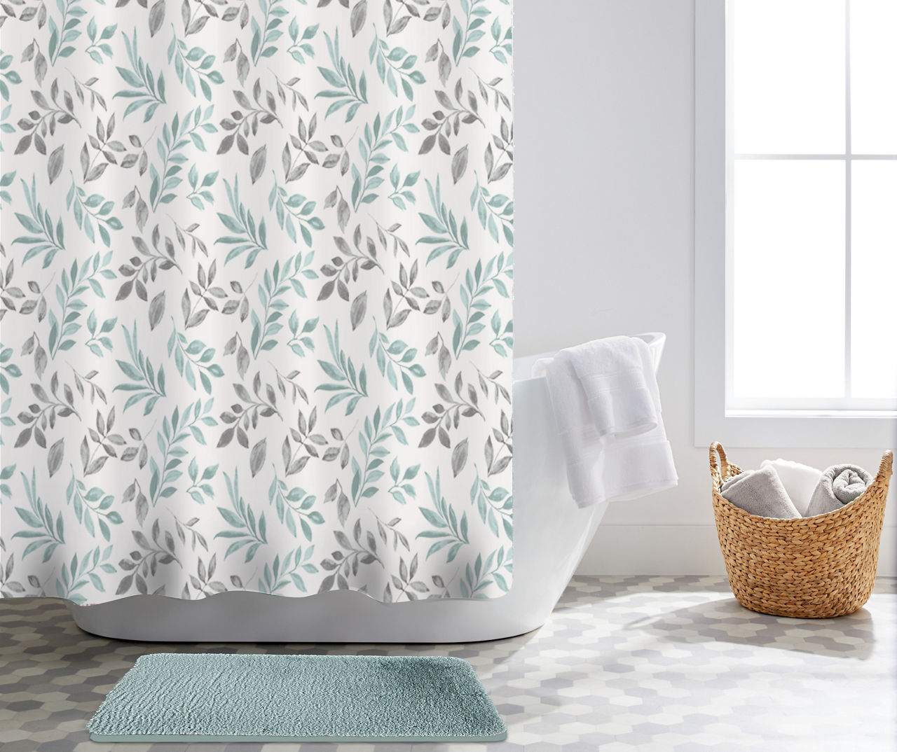 Botanical Shower Curtain Set. Leafy Green Floral Bathroom