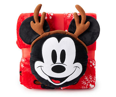 Red Mickey Mouse Nogginz Pillow & Plush Reindeer Snow Blanket Set