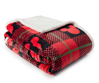 Red & Black Mickey Silhouette Plaid Sherpa-Backed Full/Queen Blanket
