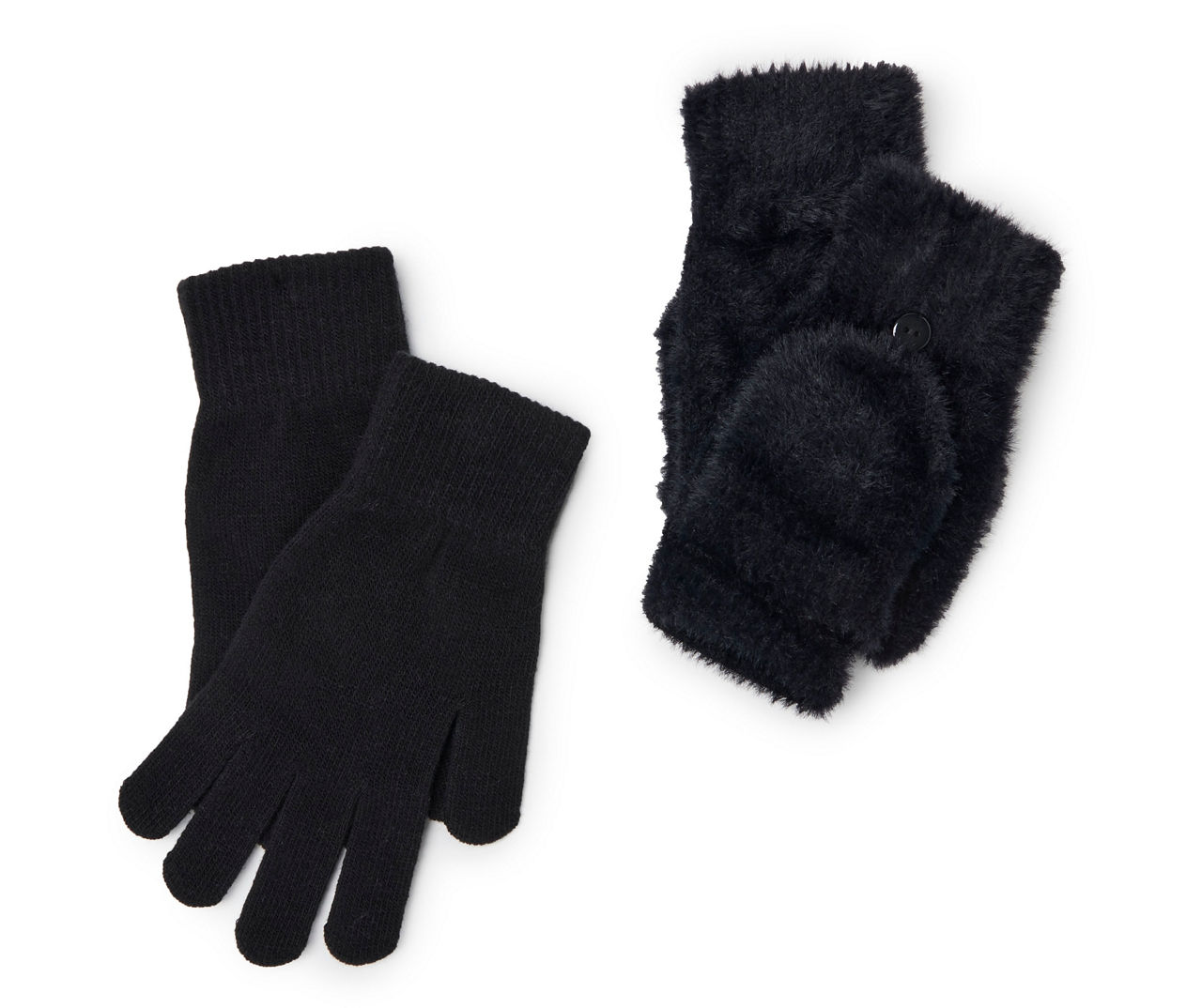 Black Eyelash-Knit Pop-Top & Regular 2-Pair Gloves Set