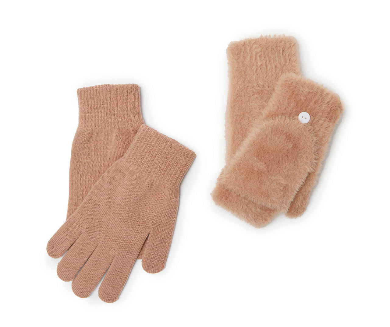Tan Eyelash-Knit Pop-Top & Regular 2-Pair Gloves Set