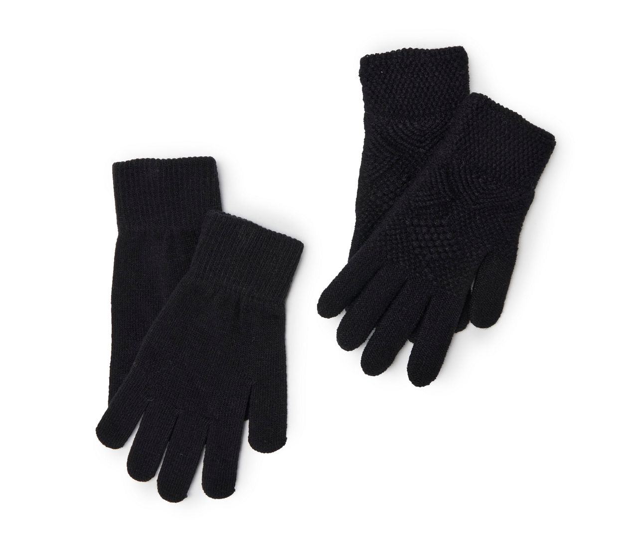 Black Textured & Plain Knit 2-Pair Gloves Set