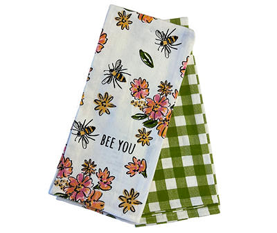 "Bee You" White Floral & Green Gingham 2-Piece Kitchen Towel Set