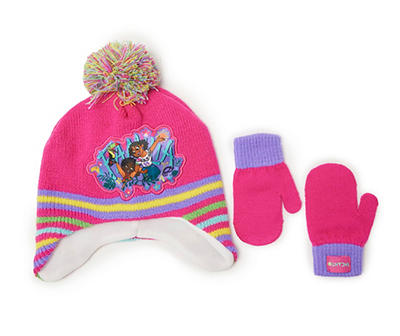Toddler Encanto Pink & Purple Stripe Pom-Pom Earflap Beanie & Mittens