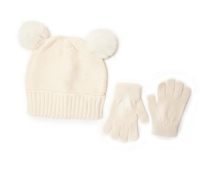 Kids' White Double Pom-Pom Beanie & Gloves