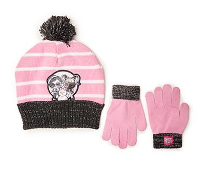 Kids' Pink & Black Stripe Pom-Pom Beanie & Gloves
