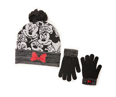Kids' Black & White Minnie Mouse Collage Pom-Pom Beanie & Gloves