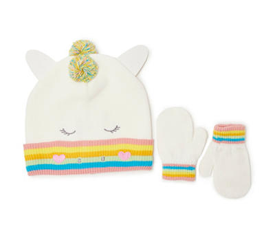 Toddler White & Rainbow Unicorn Pom-Pom Earflap Beanie & Mittens