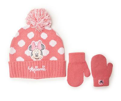 Toddler Pink Minnie Mouse Polka Dot Pom-Pom Earflap Beanie & Mittens