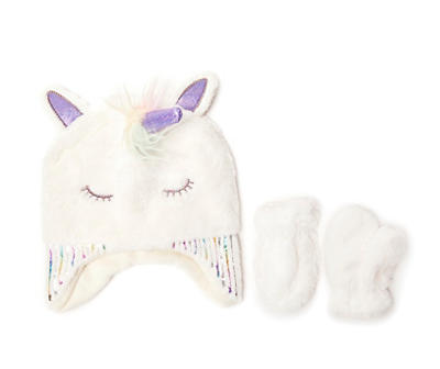 Toddler White & Purple Unicorn Earflap Beanie & Mittens